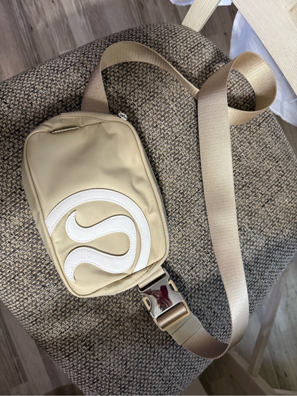Beige Crossbody Sling Bag with White Accent Lululemon metal clasp